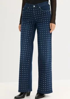 bonprix bonprix Vaqueros rectos de talle medio con aplicación de piedras brillantes Denim metalizado
