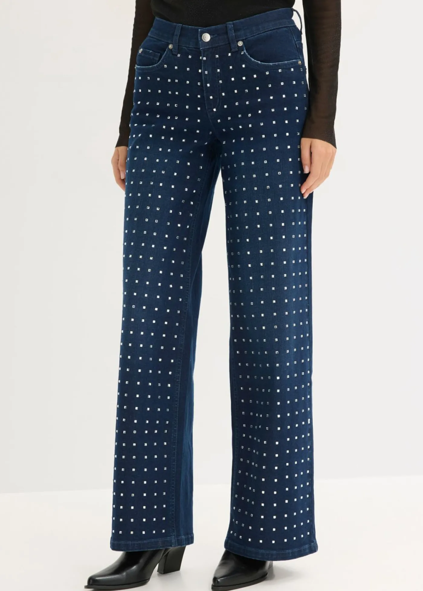 bonprix bonprix Vaqueros rectos de talle medio con aplicación de piedras brillantes Denim metalizado