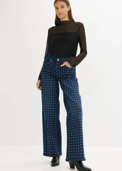 bonprix bonprix Vaqueros rectos de talle medio con aplicación de piedras brillantes Denim metalizado