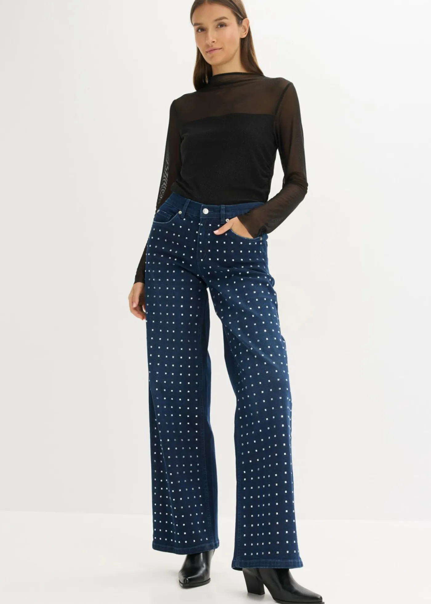 bonprix bonprix Vaqueros rectos de talle medio con aplicación de piedras brillantes Denim metalizado