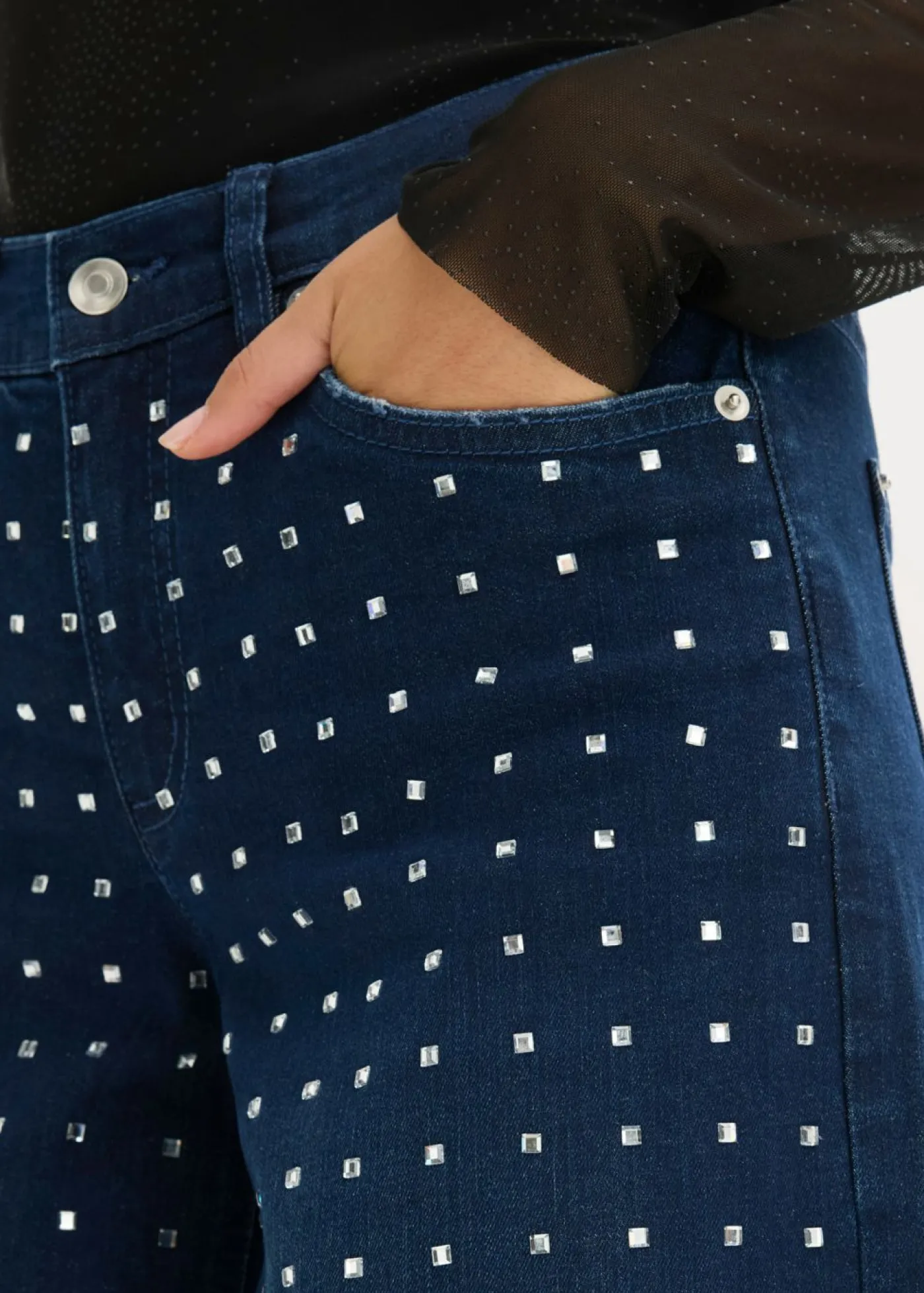 bonprix bonprix Vaqueros rectos de talle medio con aplicación de piedras brillantes Denim metalizado
