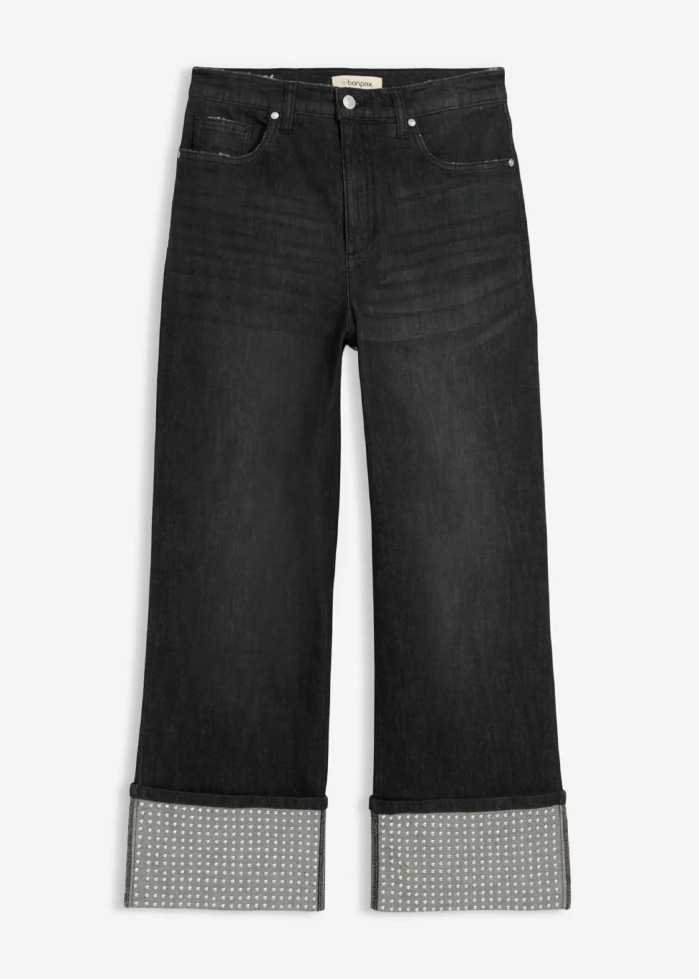 bonprix bonprix Vaqueros rectos de talle alto con dobladillo negro denim usado Online