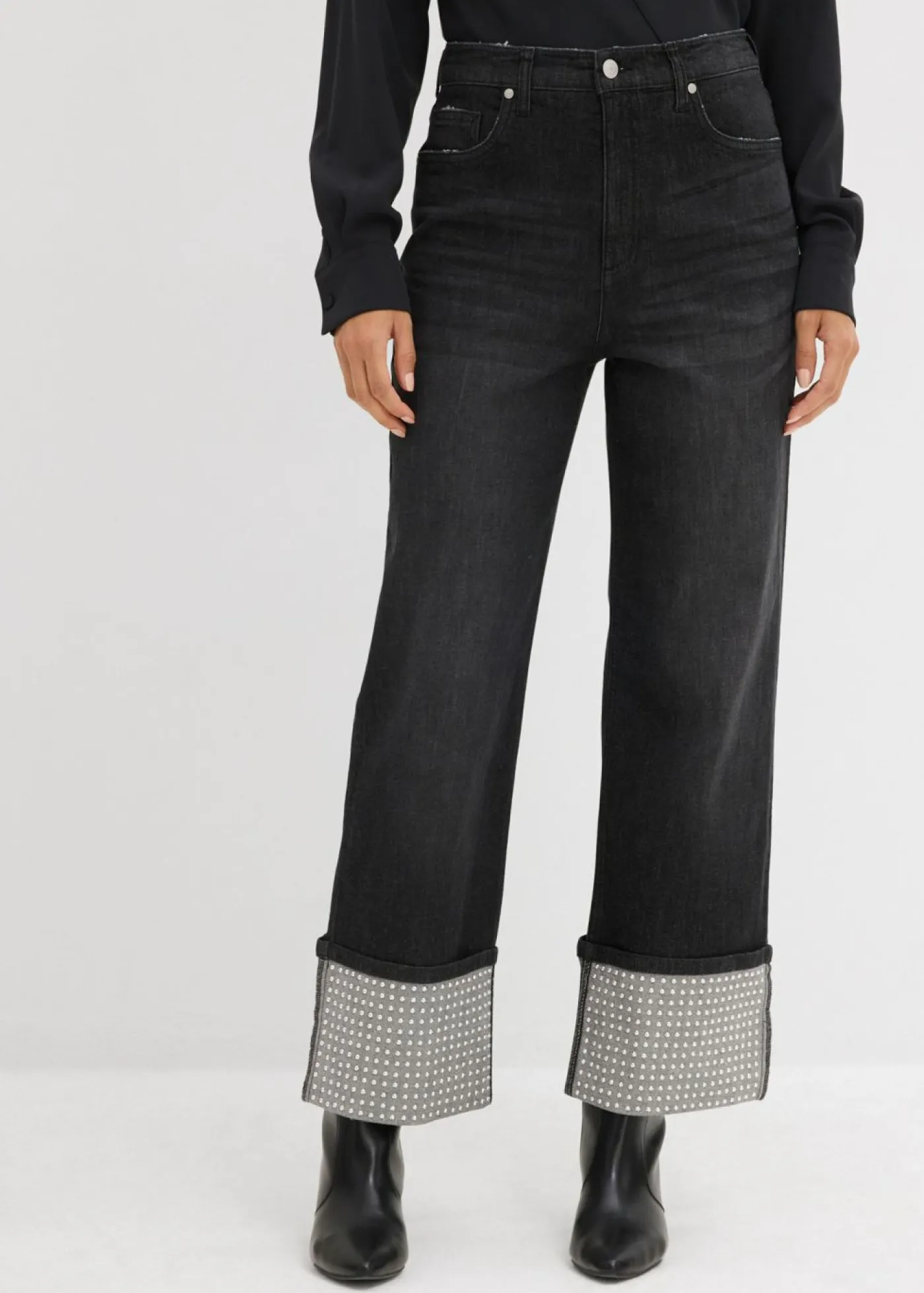 bonprix bonprix Vaqueros rectos de talle alto con dobladillo negro denim usado Online