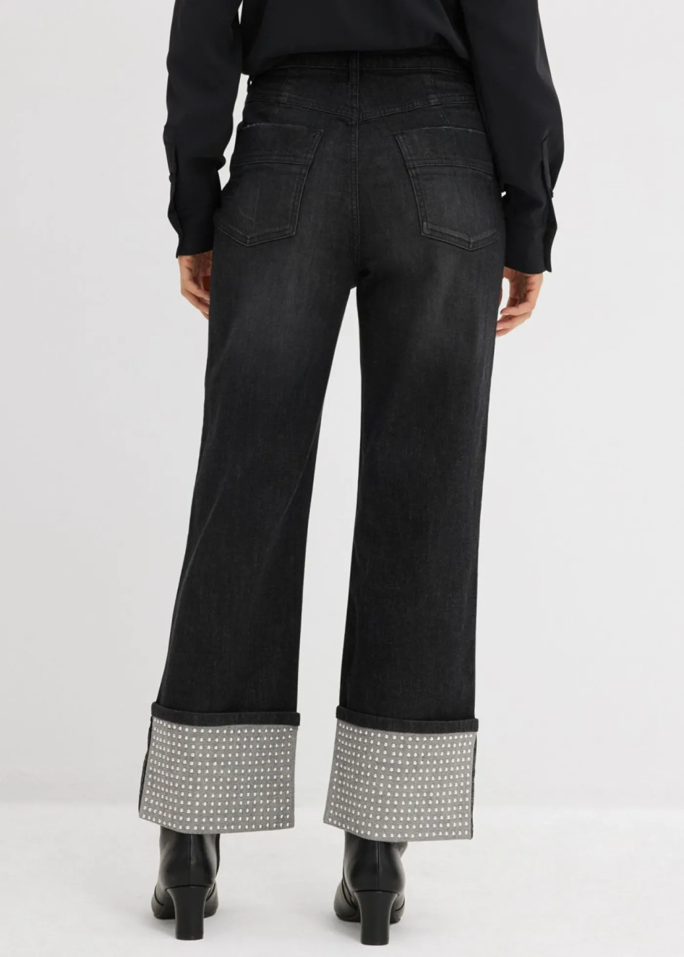 bonprix bonprix Vaqueros rectos de talle alto con dobladillo negro denim usado Online