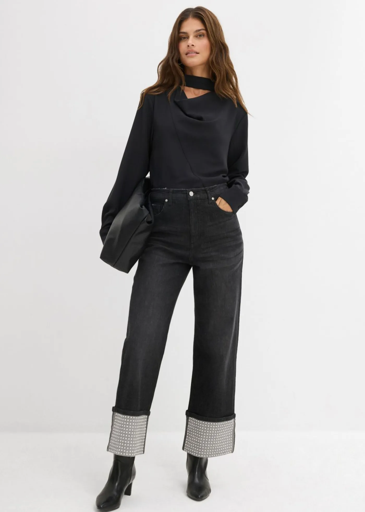 bonprix bonprix Vaqueros rectos de talle alto con dobladillo negro denim usado Online