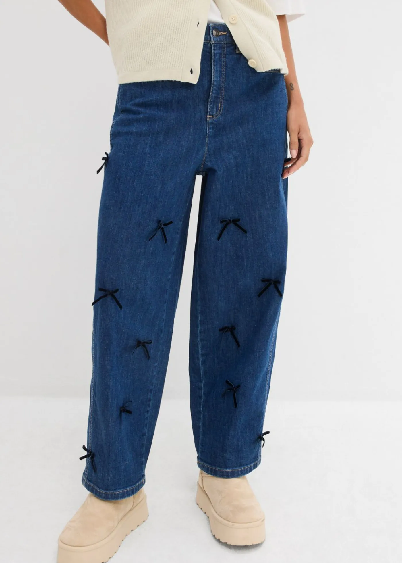 bonprix bonprix Vaqueros rectos de talle alto con cinturilla cómoda y corte barrel azul piedra-azul marino usado Discount