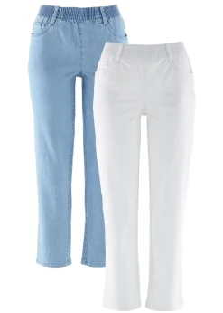 bonprix bonprix Vaqueros rectos de talle medio con cintura cómoda (2 unidades) Blanco + denim claro