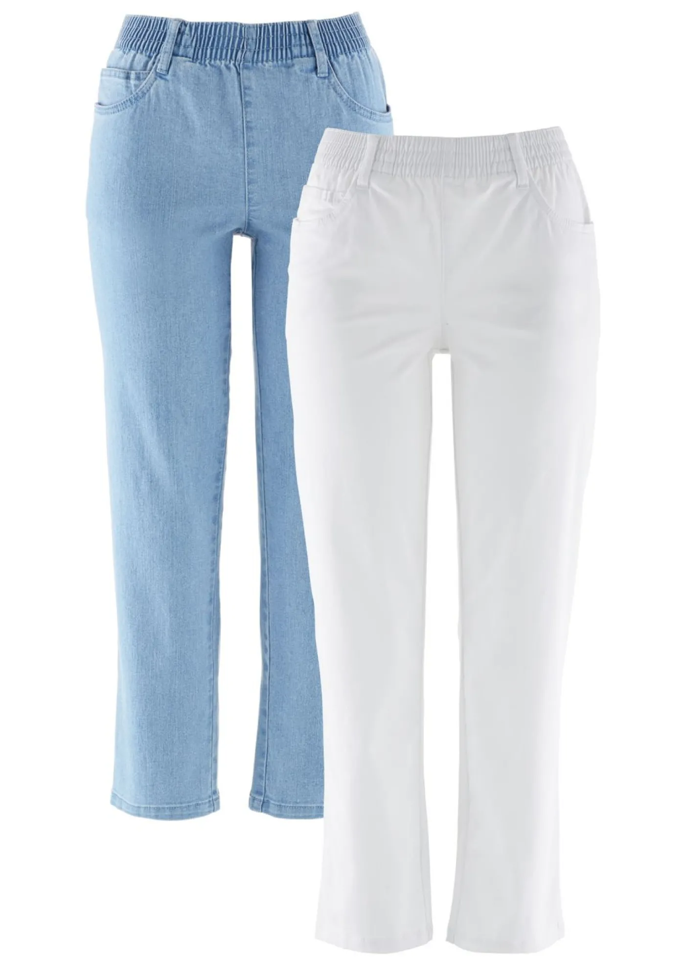 bonprix bonprix Vaqueros rectos de talle medio con cintura cómoda (2 unidades) Blanco + denim claro