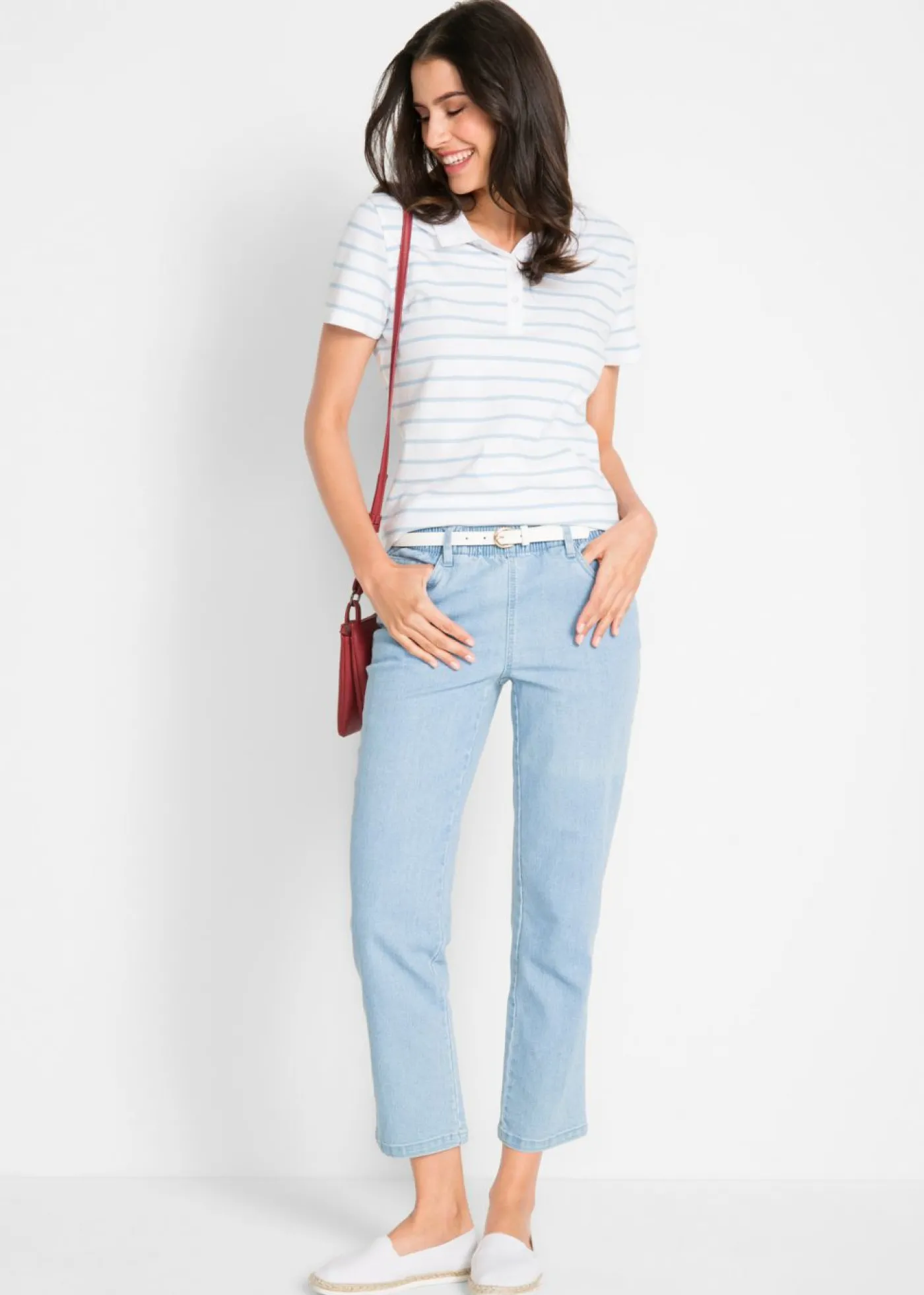 bonprix bonprix Vaqueros rectos de talle medio con cintura cómoda (2 unidades) Blanco + denim claro