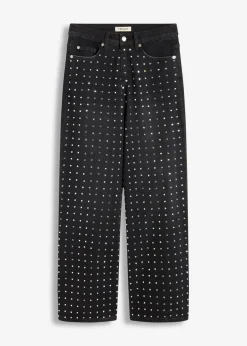 bonprix bonprix Vaqueros rectos de talle medio con aplicación de piedras brillantes Negro denim Online
