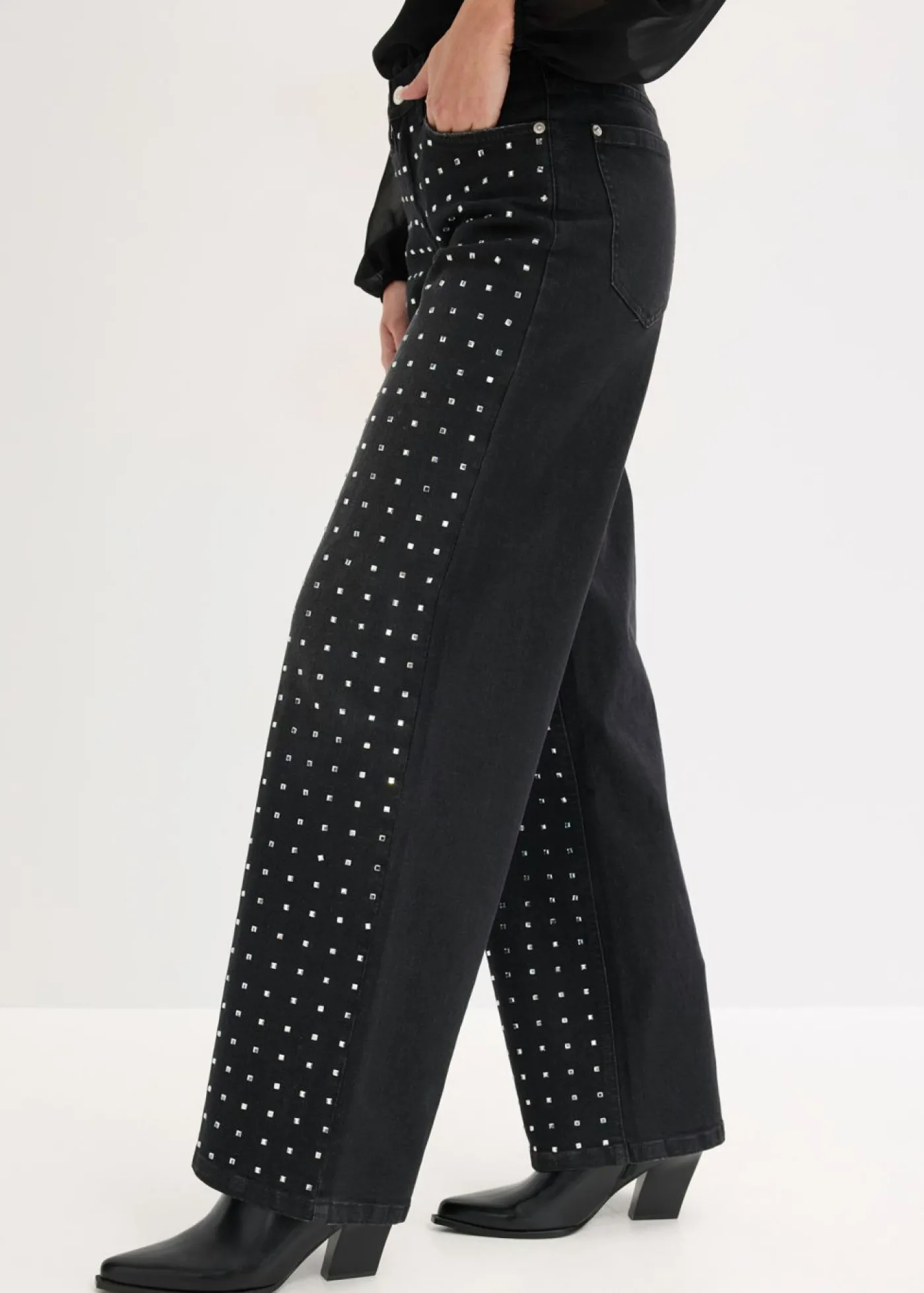 bonprix bonprix Vaqueros rectos de talle medio con aplicación de piedras brillantes Negro denim Online
