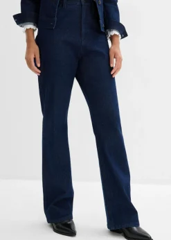 bonprix bonprix Vaqueros rectos de talle medio con corte holgado, cinturilla elástica y piedras brillantes Azul oscuro denim Hot
