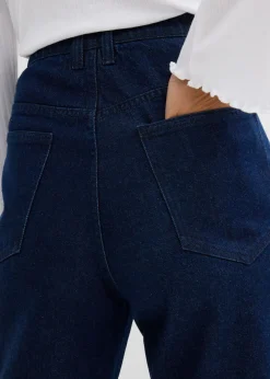 bonprix bonprix Vaqueros rectos de talle medio con corte holgado, cinturilla elástica y piedras brillantes Azul oscuro denim Hot