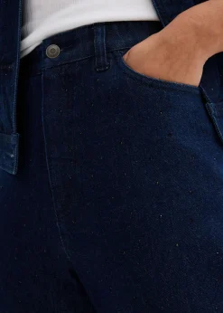 bonprix bonprix Vaqueros rectos de talle medio con corte holgado, cinturilla elástica y piedras brillantes Azul oscuro denim Hot