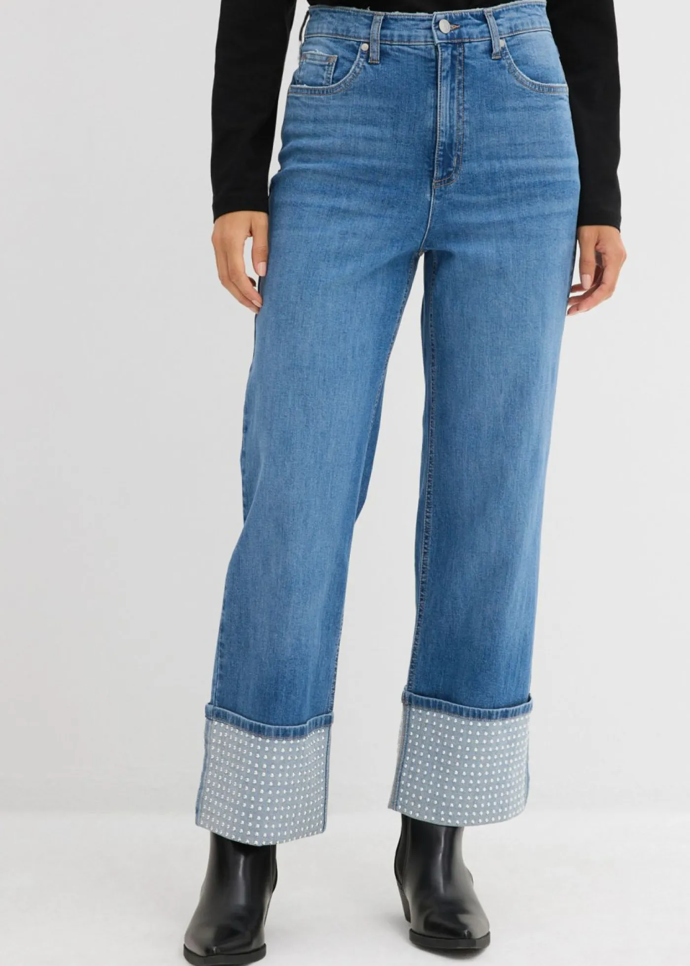 bonprix bonprix Vaqueros rectos de talle alto con dobladillo azul medio denim usado