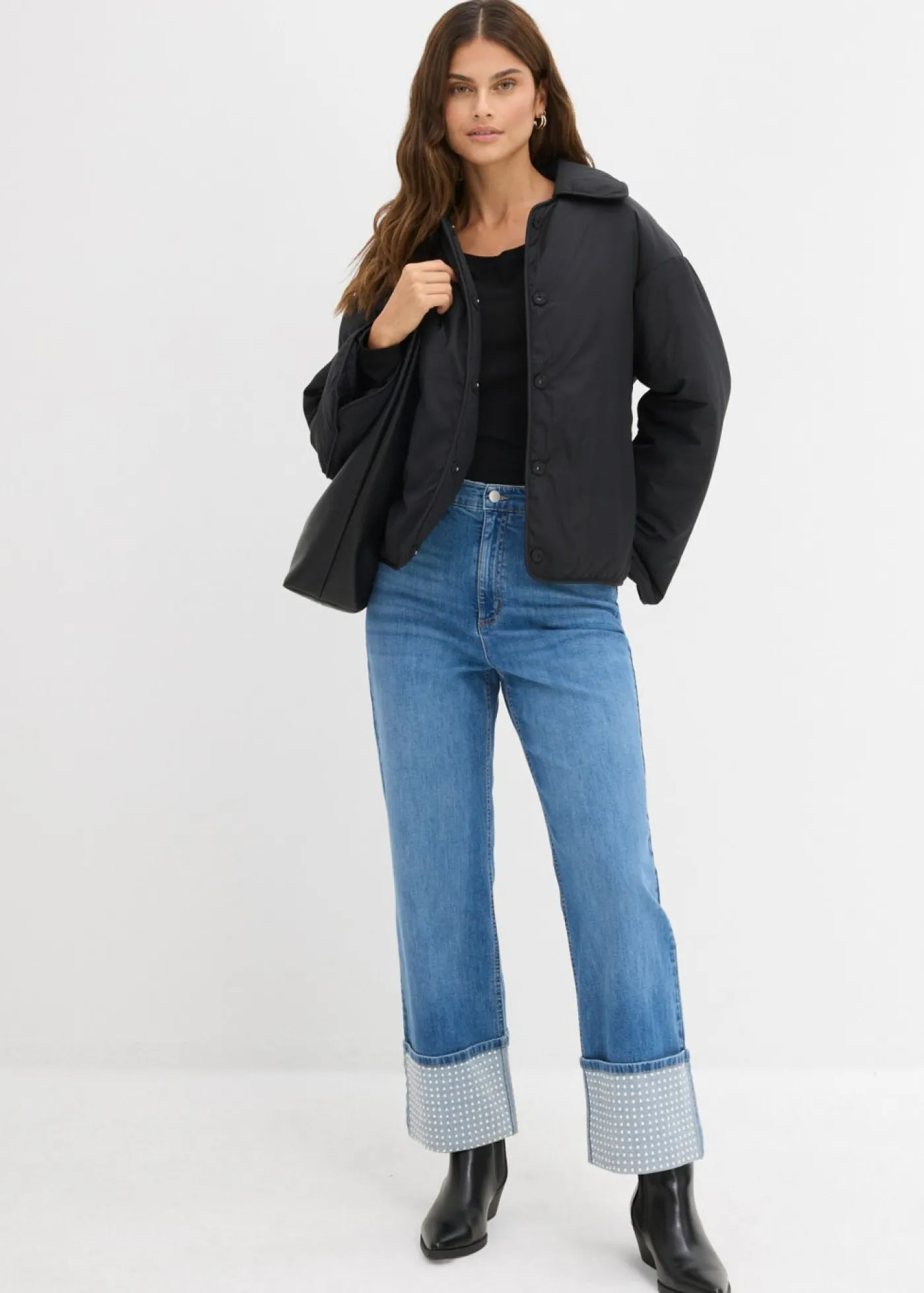 bonprix bonprix Vaqueros rectos de talle alto con dobladillo azul medio denim usado