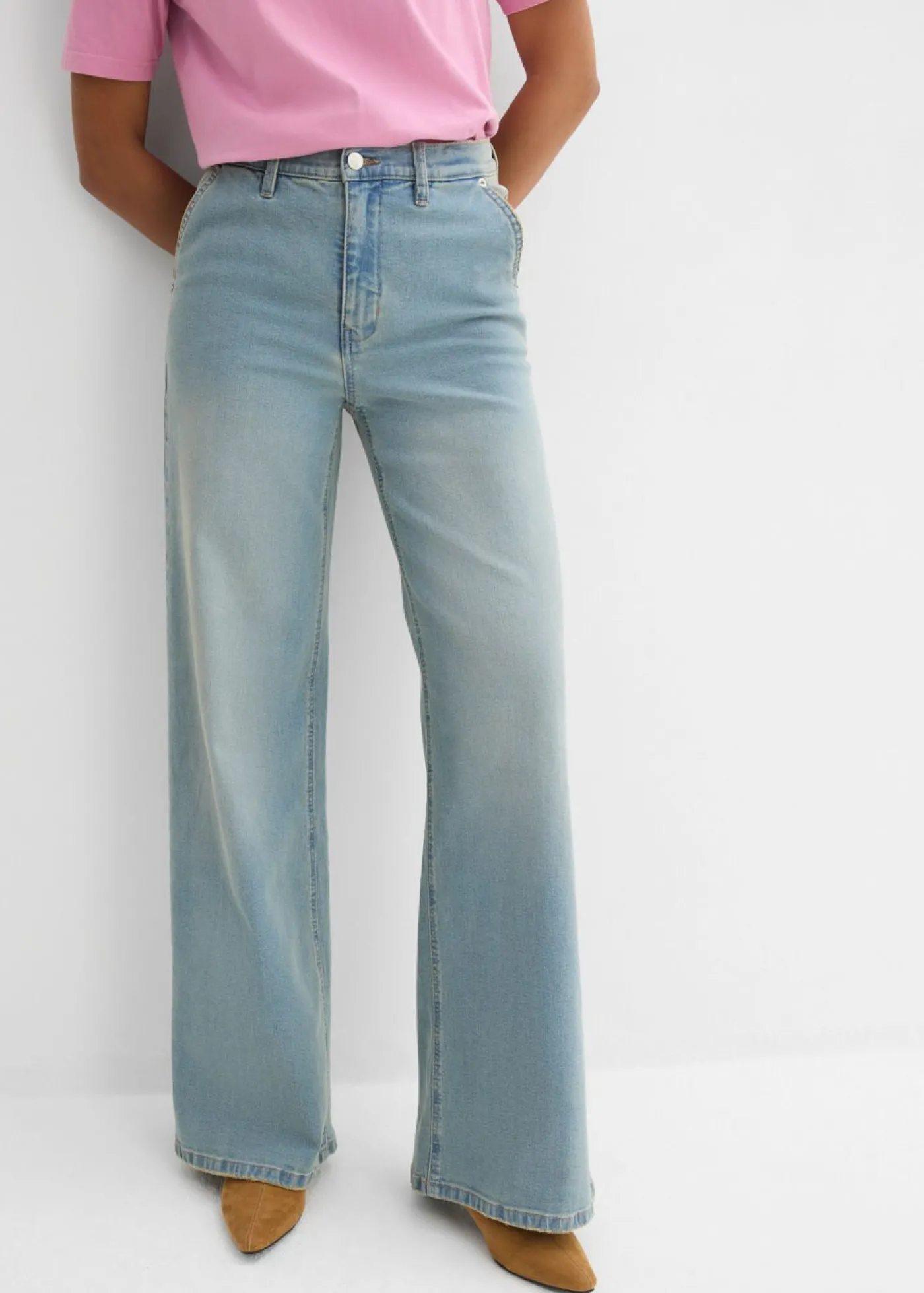 bonprix bonprix Vaqueros rectos holgados de talle alto azul claro denim-beige-kaki usado