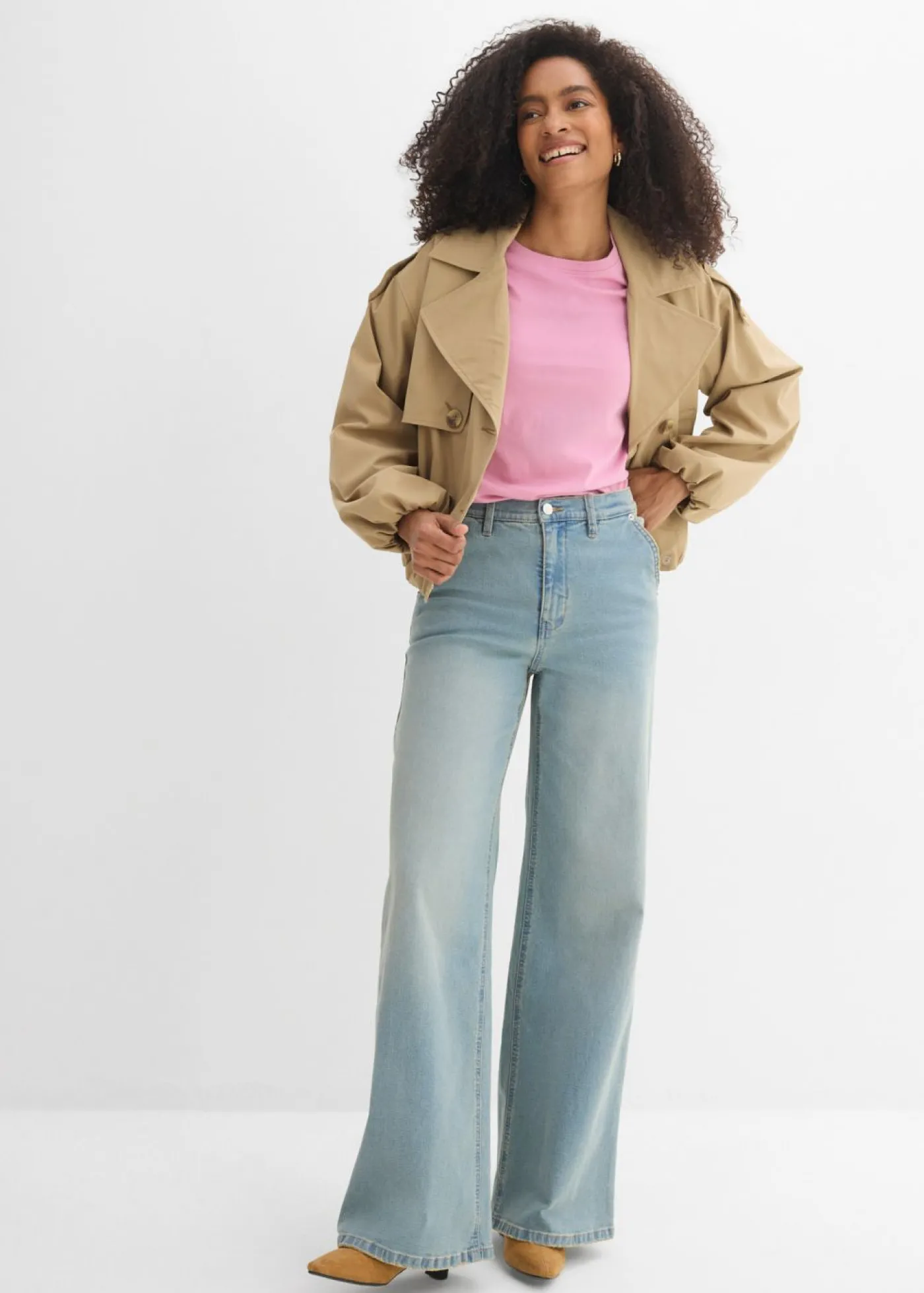 bonprix bonprix Vaqueros rectos holgados de talle alto azul claro denim-beige-kaki usado