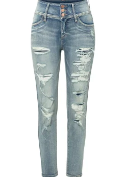 bonprix bonprix Vaqueros skinny, high waist, elásticos Denim claro con intenso desgastado Hot