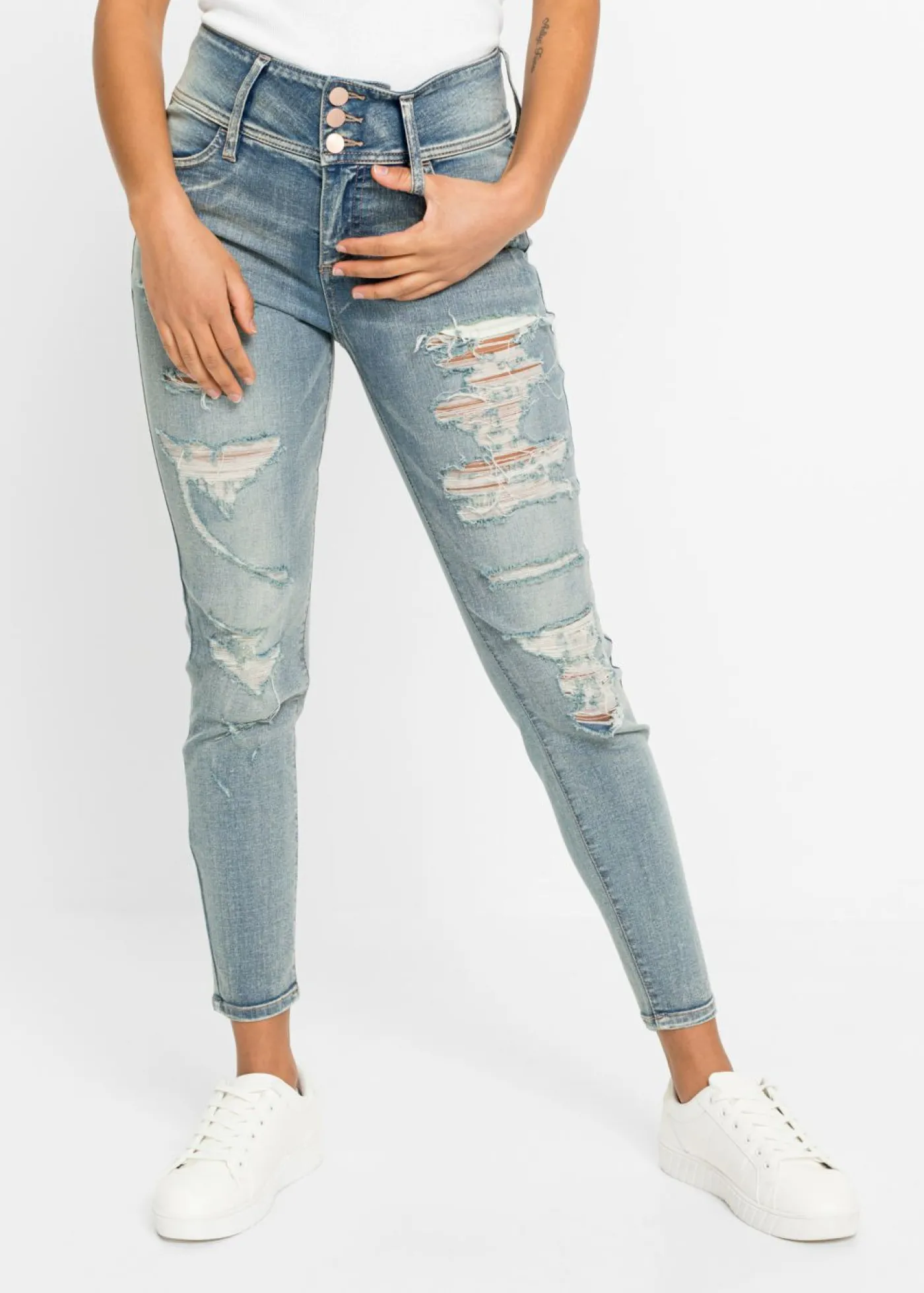 bonprix bonprix Vaqueros skinny, high waist, elásticos Denim claro con intenso desgastado Hot