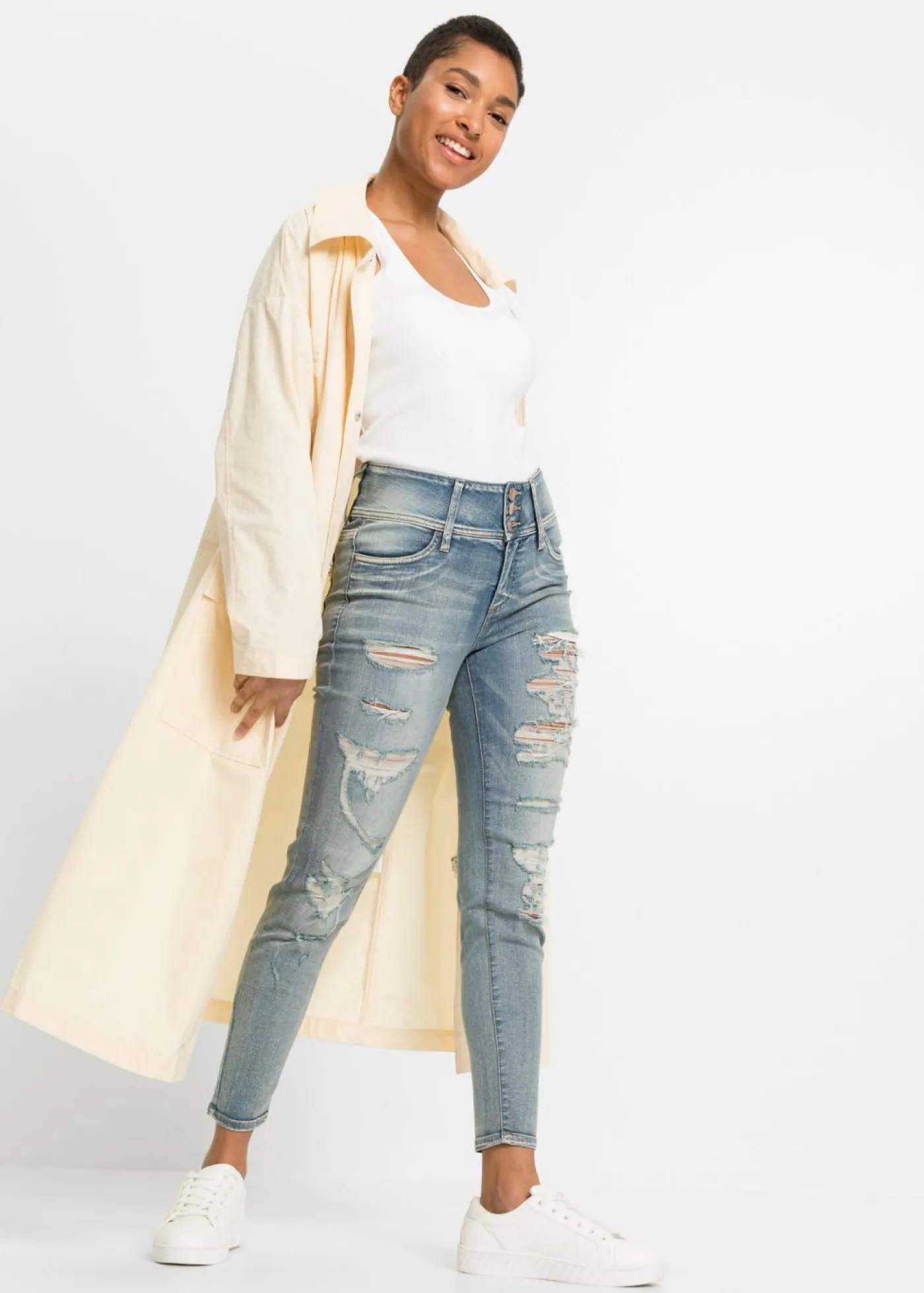 bonprix bonprix Vaqueros skinny, high waist, elásticos Denim claro con intenso desgastado Hot