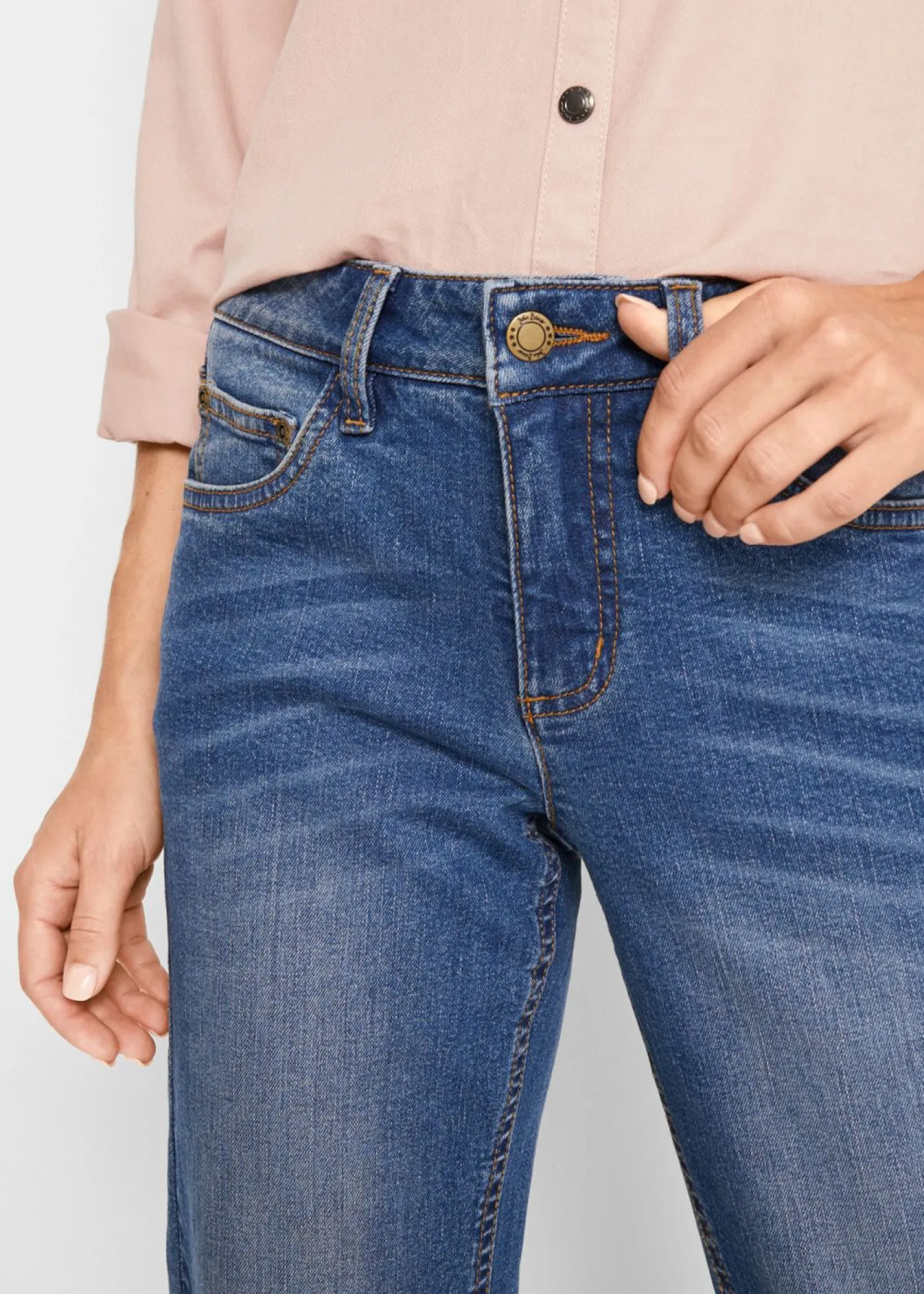 bonprix bonprix Vaqueros straight, mid waist, elásticos Azul desgastado Outlet