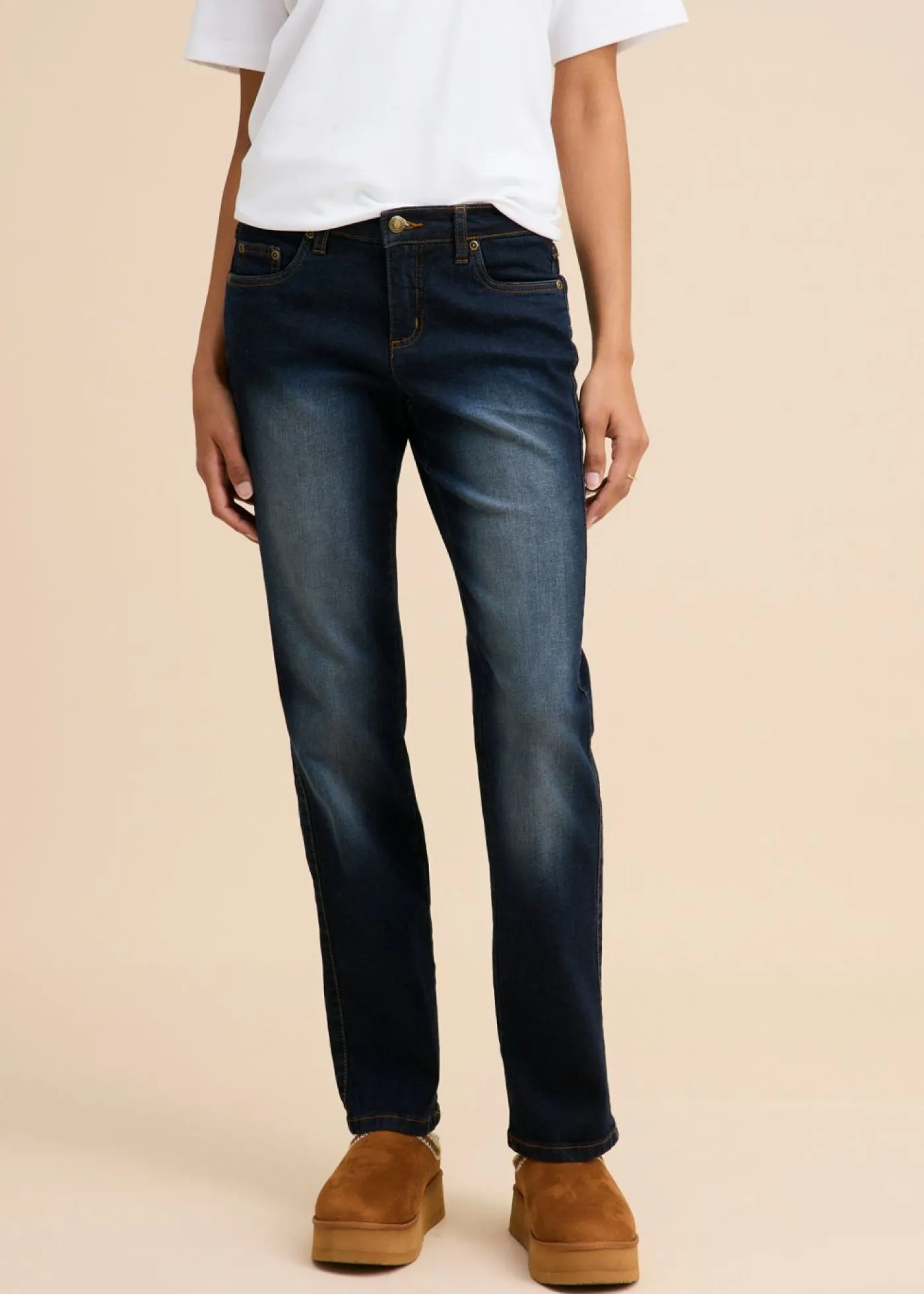 bonprix bonprix Vaqueros straight, mid waist, elásticos Azul marino desgastado Online
