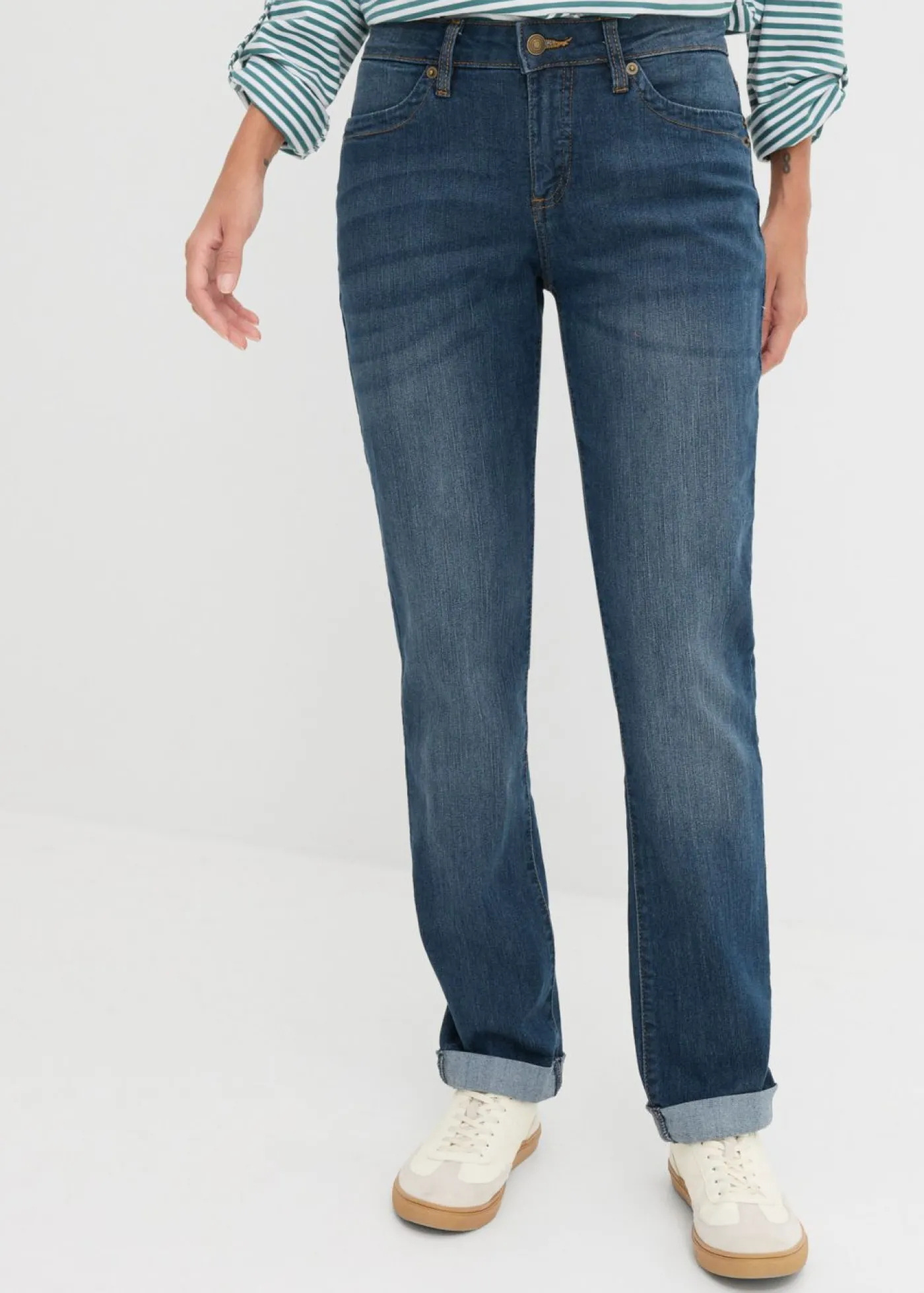 bonprix bonprix Vaqueros straight, mid waist, elásticos Azul marino desgastado