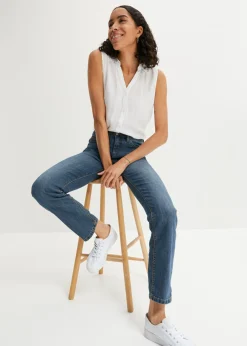 bonprix bonprix Vaqueros straight, mid waist, elásticos Azul marino desgastado Clearance