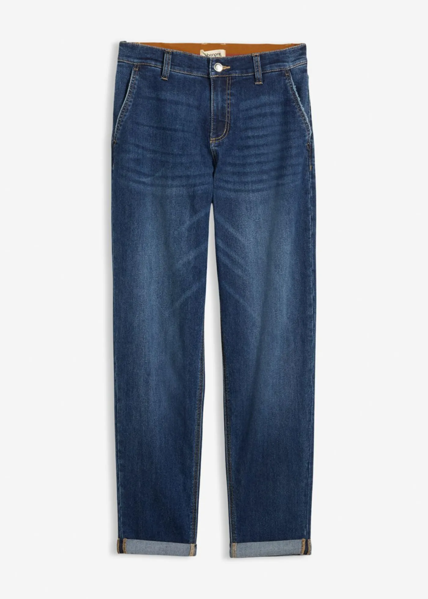 bonprix bonprix Vaqueros tipo boyfriend con talle medio y cinturilla elástica azul oscuro denim usado Outlet