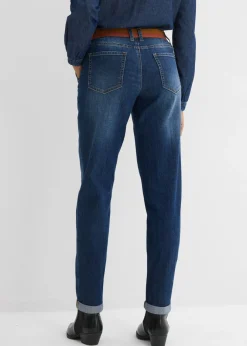 bonprix bonprix Vaqueros tipo boyfriend con talle medio y cinturilla elástica azul oscuro denim usado Outlet