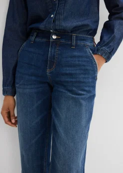 bonprix bonprix Vaqueros tipo boyfriend con talle medio y cinturilla elástica azul oscuro denim usado Outlet