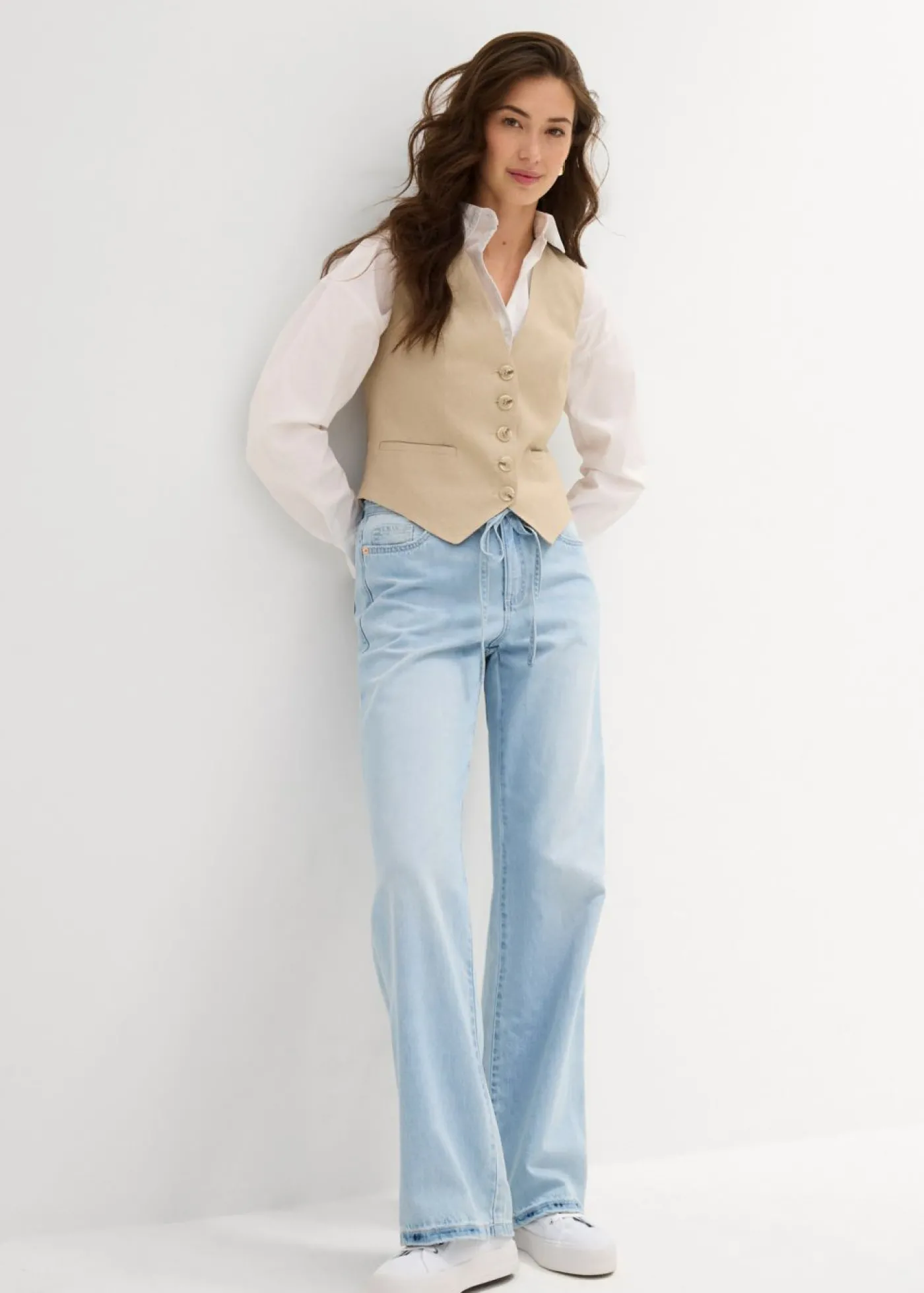 bonprix bonprix Vaqueros wide leg, mid waist, con cinturón azul hielo denim usado Best