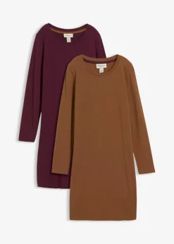 bonprix bonprix Vestido ajustado de punto (2 unidades) Marrón pimiento/rojo burdeos Clearance