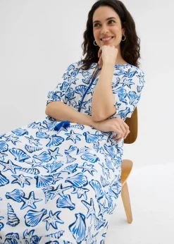 bonprix bonprix Vestido ancho de viscosa arrugada blanco/azul/azul marino Clearance