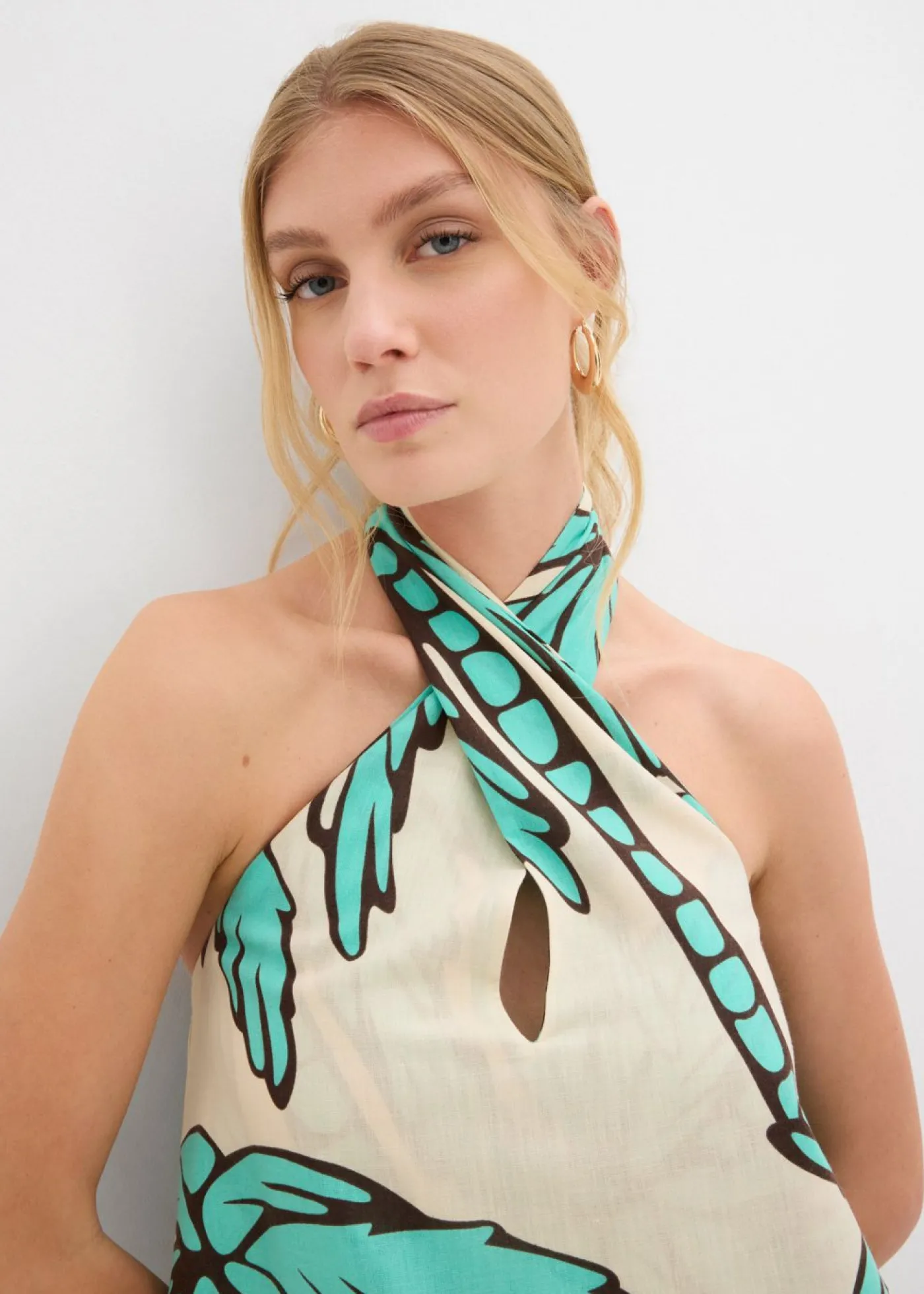 bonprix bonprix Vestido anudado al cuello con corte en A crudo-marrón oscuro-azul mentol Best