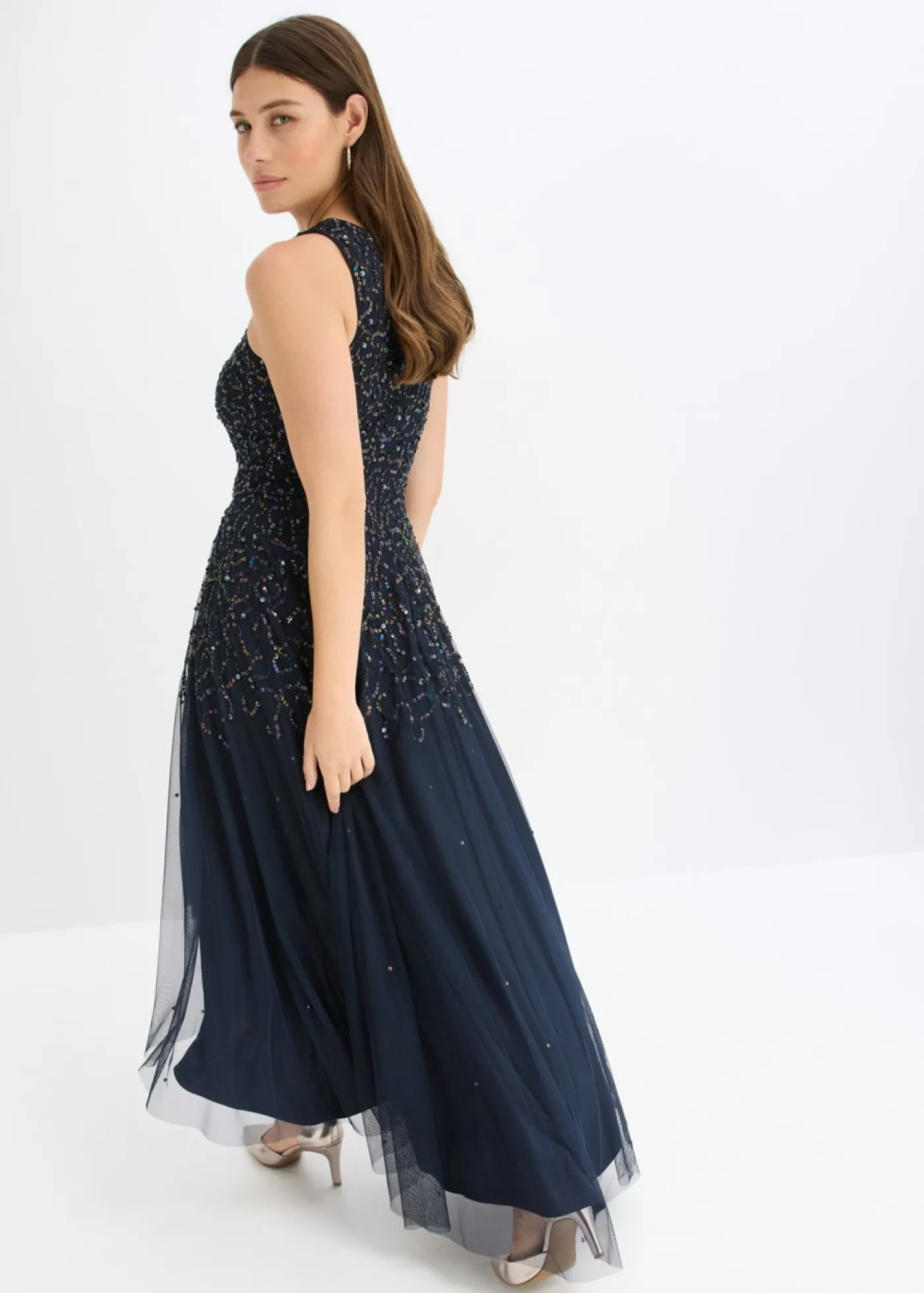 bonprix bonprix Vestido asimétrico con bordado de lentejuelas Azul marino Discount