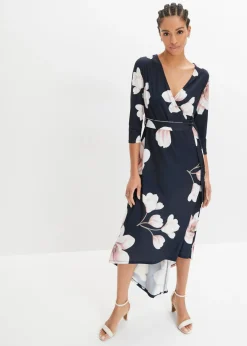 bonprix bonprix Vestido asimétrico de punto con cordón Azul marino-rosa de flores Discount