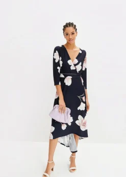bonprix bonprix Vestido asimétrico de punto con cordón Azul marino-rosa de flores Discount