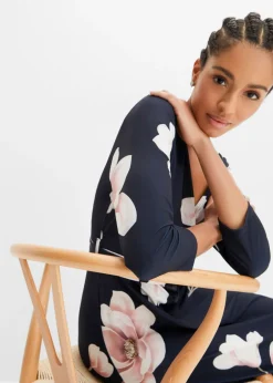 bonprix bonprix Vestido asimétrico de punto con cordón Azul marino-rosa de flores Discount