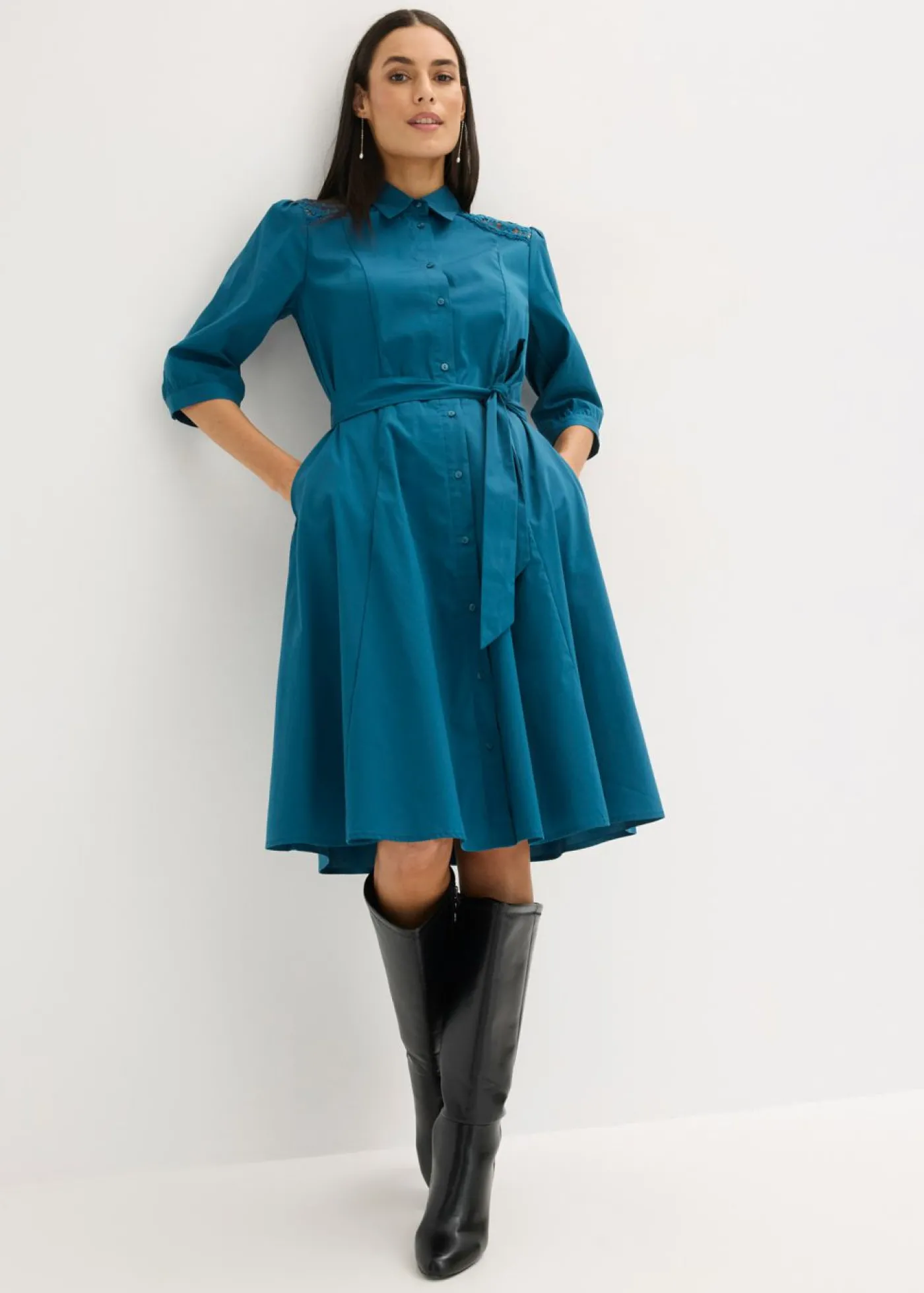 bonprix bonprix Vestido camisero con encaje y cordón Petróleo azul