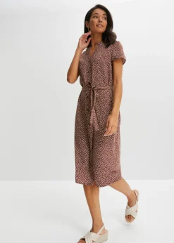 bonprix bonprix Vestido camisero con lunares marrón ahumado/blanco topos Online