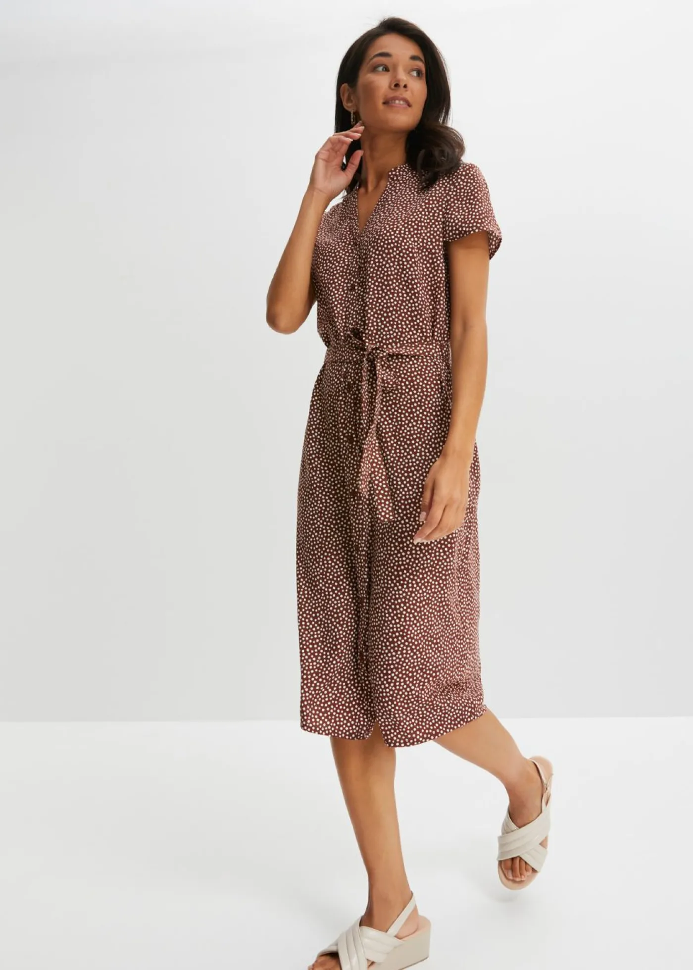 bonprix bonprix Vestido camisero con lunares marrón ahumado/blanco topos Online