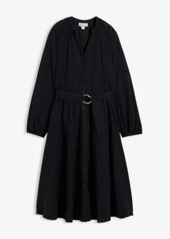 bonprix bonprix Vestido camisero con parte de seda y cinturón Negro New