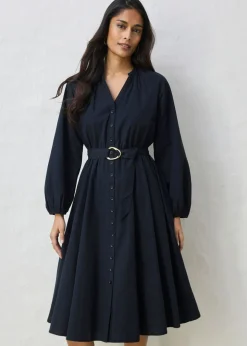 bonprix bonprix Vestido camisero con parte de seda y cinturón Negro New