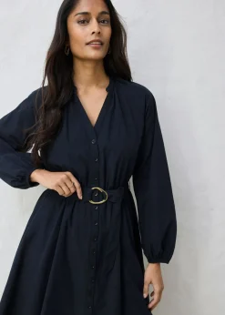 bonprix bonprix Vestido camisero con parte de seda y cinturón Negro New