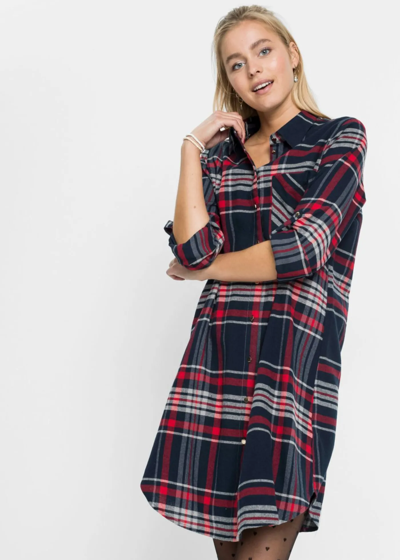 bonprix bonprix Vestido camisero de algodón puro azul marino / rojo / blanco a cuadros
