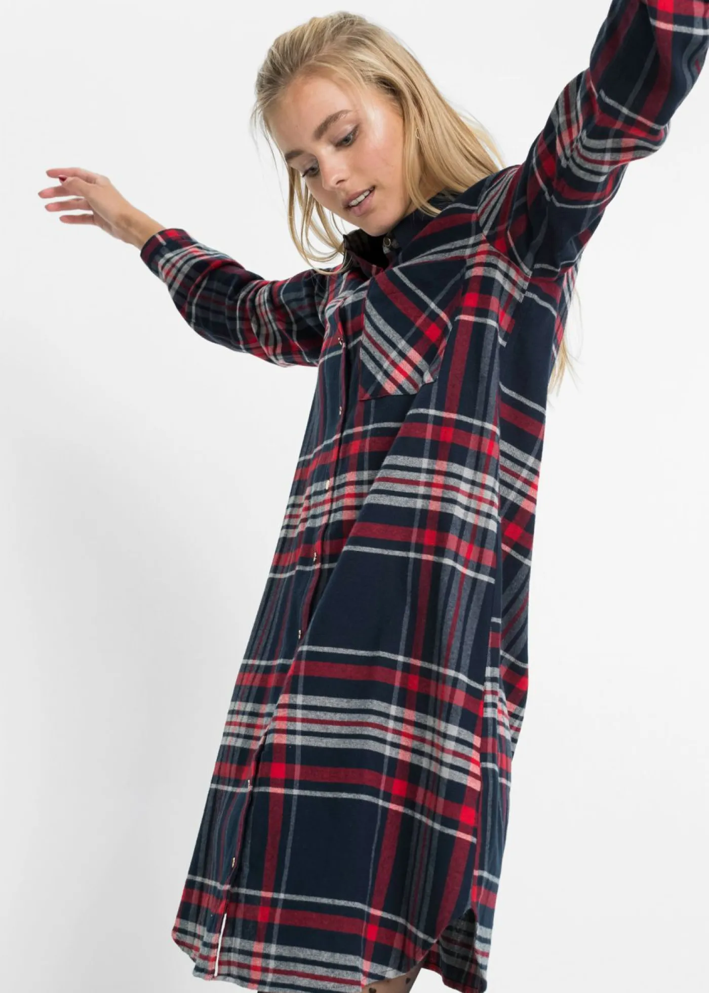bonprix bonprix Vestido camisero de algodón puro azul marino / rojo / blanco a cuadros