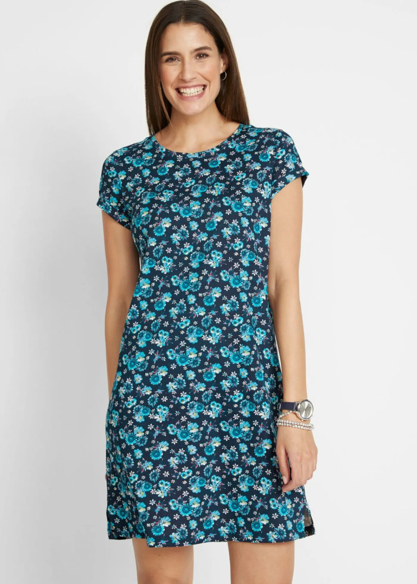 bonprix bonprix Vestido camisero de algodón puro con aberturas laterales (2 unidades) azul marino - azul caribe con flores Outlet