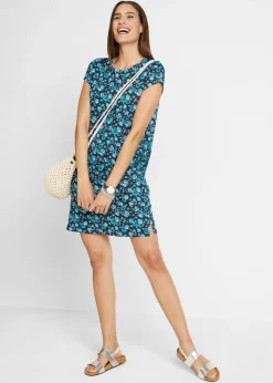 bonprix bonprix Vestido camisero de algodón puro con aberturas laterales (2 unidades) azul marino - azul caribe con flores Outlet